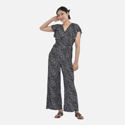 Jumpsuit mit gesmokter Taille und Flatterärmel, schwarz und weiß