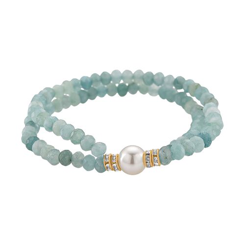 Weiße Muschelkernperle-Armband mit Blauem Quarzit und Weißem Kristall, flexibel, vergoldet image number 0