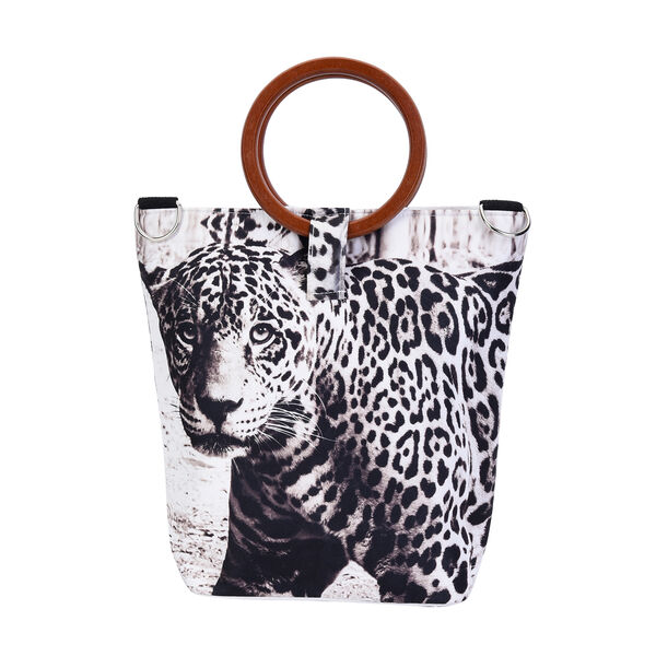 Handtasche mit Holzgriffen und Leopardenmuster, Schwarz und weiß image number 0