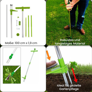 Unkrautentferner in mit verzinkten Eisenn&auml;geln und Aluminiumrohr, Gr&ouml;&szlig;e: 100 cm x 1,9 cm, gr&uuml;n