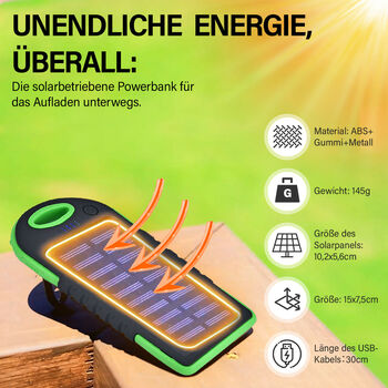 Solarbetriebene Powerbank mit USB Anschluss, Gr&uuml;n