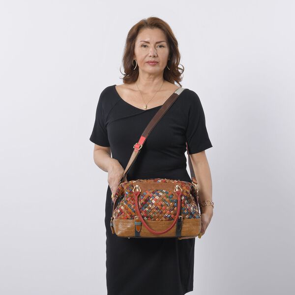 CHAOS BY ELSIE - Gewobene Umh&auml;ngetasche aus echtem Leder, 30x16x24 cm, Karomuster, rot image number 2