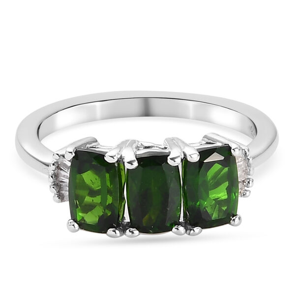 Nat&uuml;rlicher Chromdiopsid und Diamant 3 Stein Ring 925 Silber platiniert  ca. 2,14 ct