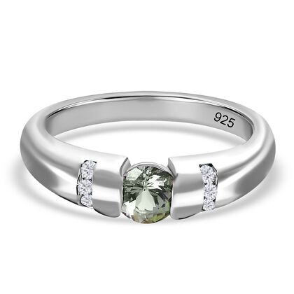 Gr&uuml;ner Tansanit, wei&szlig;er Zirkon Ring 925 Silber platiniert (Gr&ouml;&szlig;e 19.00) ca. 0.73 ct