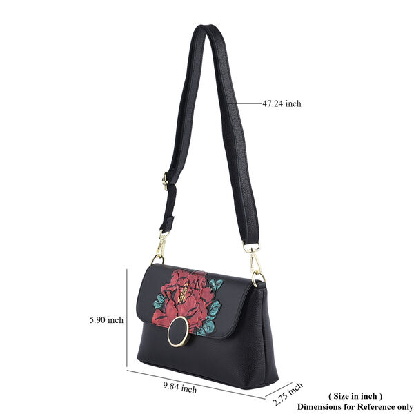 Umh&auml;ngetasche aus 100% echtem Leder, Pfingstrosen-Muster, Gr&ouml;&szlig;e 25x7x15 cm, Schwarz image number 7