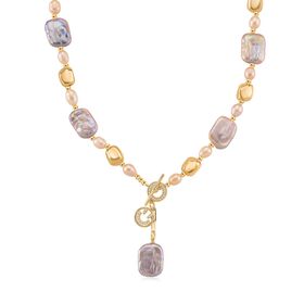 Mehrfarbige Keshi Perle, Pfirsich-Süßwasser Perle Halskette, ca. 50 cm, Nickelfreies Messing Roségold Vermeil