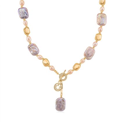 Mehrfarbige Keshi Perle, Pfirsich-S&uuml;&szlig;wasser Perle Halskette, ca. 50 cm, Nickelfreies Messing Ros&eacute;gold Vermeil