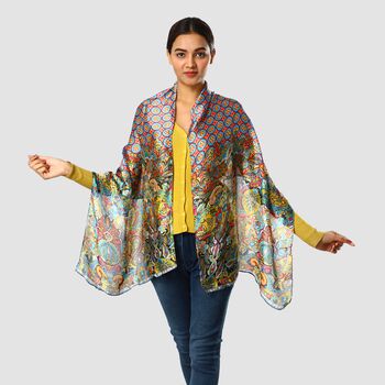 100% nat&uuml;rlicher Satin Seiden Schal, Arabeske Muster, Mehrfarbig