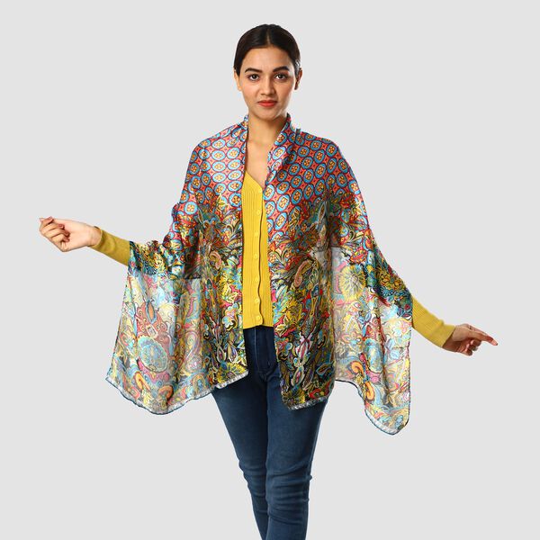 100% natürlicher Satin Seiden Schal, Arabeske Muster, Mehrfarbig image number 0