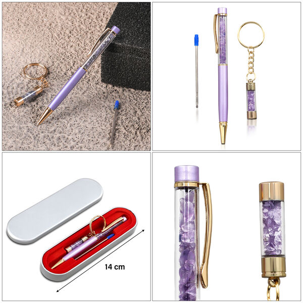 Kugelschreiber mit Amethyst-Edelsteinf&uuml;llung, inkl. Nachf&uuml;llmine und Schl&uuml;sselanh&auml;nger, Violett image number 5