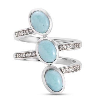 Larimar und Zirkon 3 Stein Ring 925 Silber platiniert (Gr&ouml;&szlig;e 17.00) ca. 2,50 ct