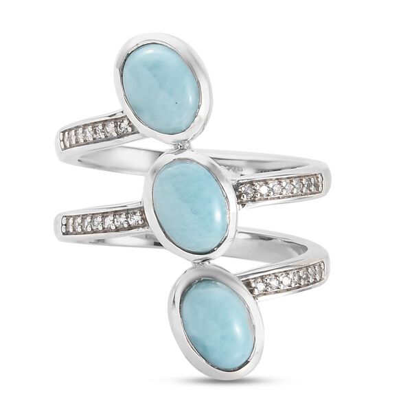 Larimar und Zirkon 3 Stein Ring 925 Silber Platin-&Uuml;berzug