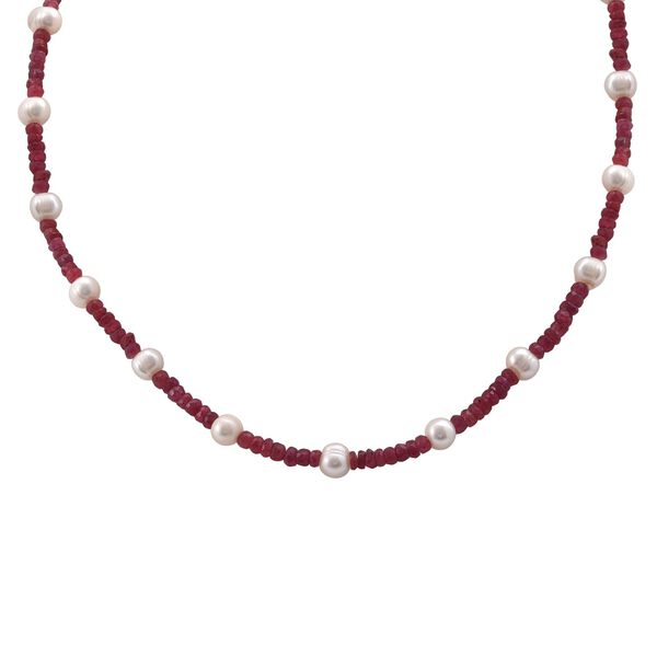 Afrikanischer Rubin (Fissure gef&uuml;llt), S&uuml;&szlig;wasser Perle Halskette ca. 45 cm 925 Silber rhodiniert