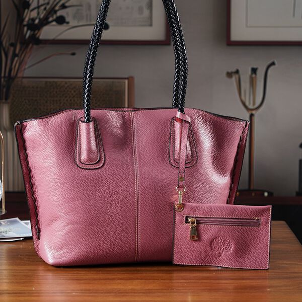 2er-Set Echtleder-Shopper, stilvolle Handtaschen mit passendem Rei&szlig;verschluss-Etui, Rosa image number 2
