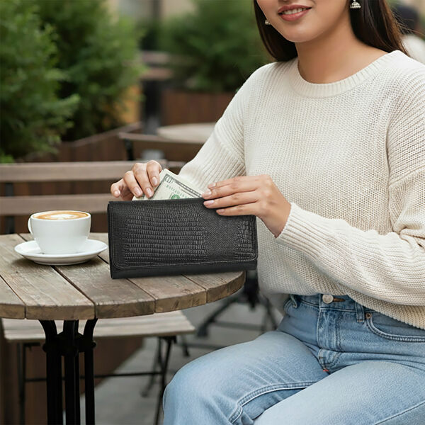 LA MAREY Geldb&ouml;rse aus Leder mit RFID Schutz und Eidechsen Pr&auml;gung, 18,4 x 10,2 cm, Schwarz image number 5