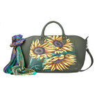 SUKRITI - bl&uuml;hen wie Sonnenblumen, 100% nat&uuml;rliche Leder Schultertasche mit passendem Seiden-Schal, 33x13x16.5cm, Olive