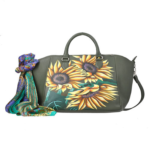SUKRITI - 100% Leder Schultertasche mit passendem Seiden-Schal, Olivgrün image number 0