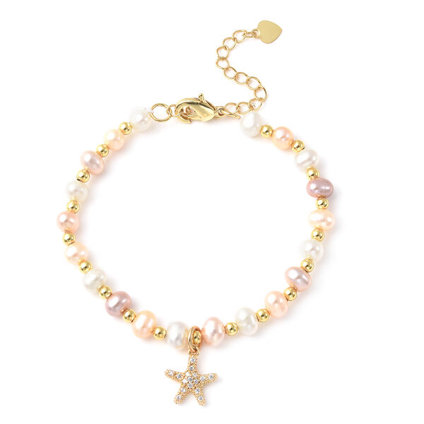 Mehrfarbiges S&uuml;&szlig;wasserperlen und wei&szlig;es Kristall-Armband, 16.5 cm, Reines Messing