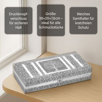 Handgefertigte, oxidierte Schmuckschatulle mit Lebensbaum-Pr&auml;gung, 38x20x7,6 cm, Silber