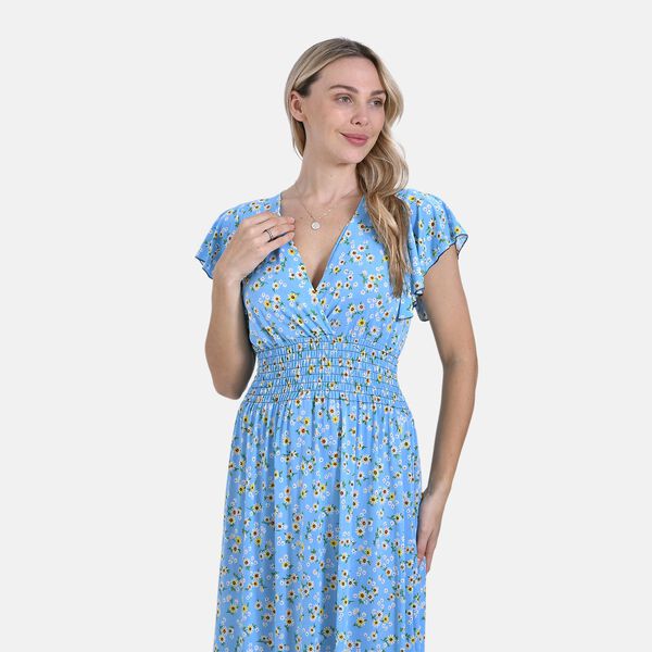 Floral Romance Maxikleid mit gesmokter Taille und Volantärmeln, 35x128cm, Blau image number 5