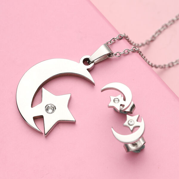 2er - Set weiße Kristall-Ohrringe und Halskette, ca. 50 cm, Edelstahl image number 1