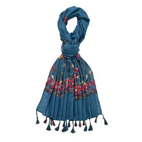 Schal mit Diamantstickerei auf beiden Seiten und Fransen, 68x180 cm, Türkisblau