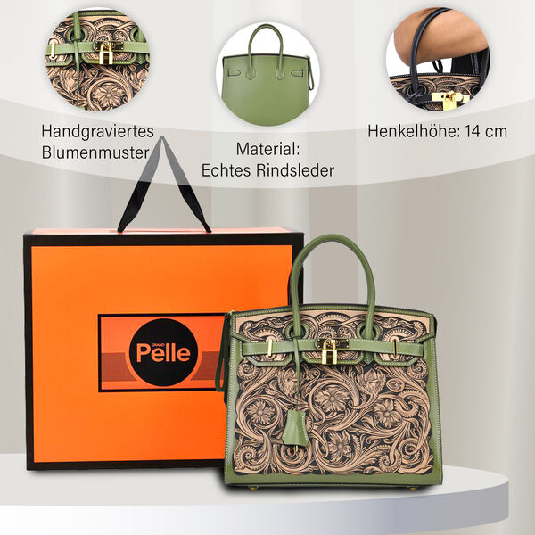 Grand Pelle  - Designer-inspirierte Echtleder Handtasche, hellgrün image number 3