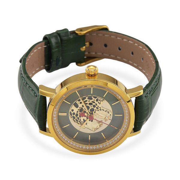 William Hunt Moissanite Uhr mit Schweizer Uhrwerk Ronda 763, grünem Echtlederarmband und goldfarbenem Panther-Zifferblatt 0.20 ct image number 5