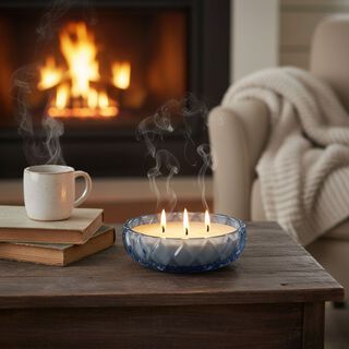 LIVMORE - Duftkerze Winterzauber-Design, 25 Std. Brenndauer, 150g, 4,5 ml ätherisches Öl, Amber und Pfingstrose, Blau