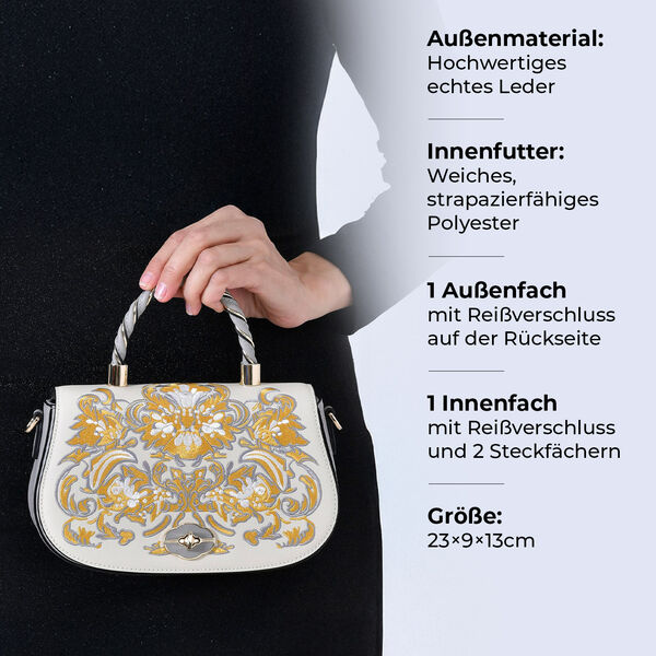 GRAND PELLE Umhängetasche aus echtem Leder, Damaststickerei, mit Tragegriff und Schulterriemen, 23×9×13 cm, Grau image number 3