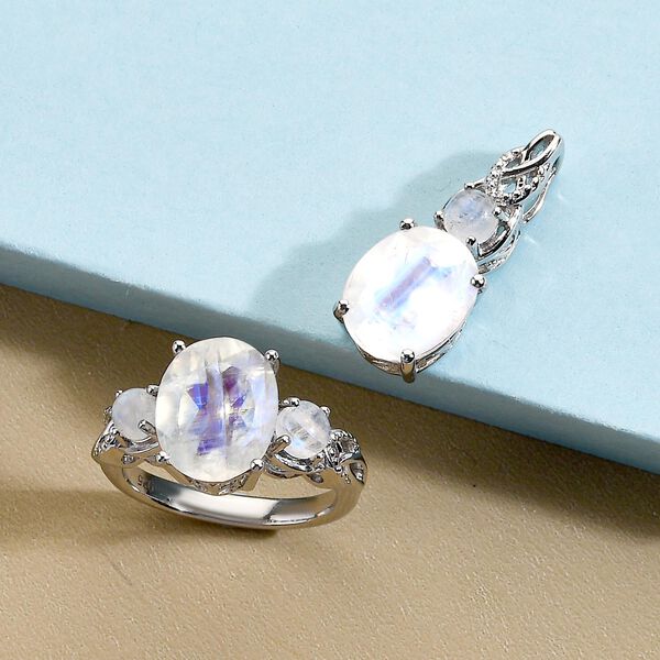 2er-Set - Premium Regenbogen Mondstein-Ring und Anhänger - 7,55 ct. image number 2