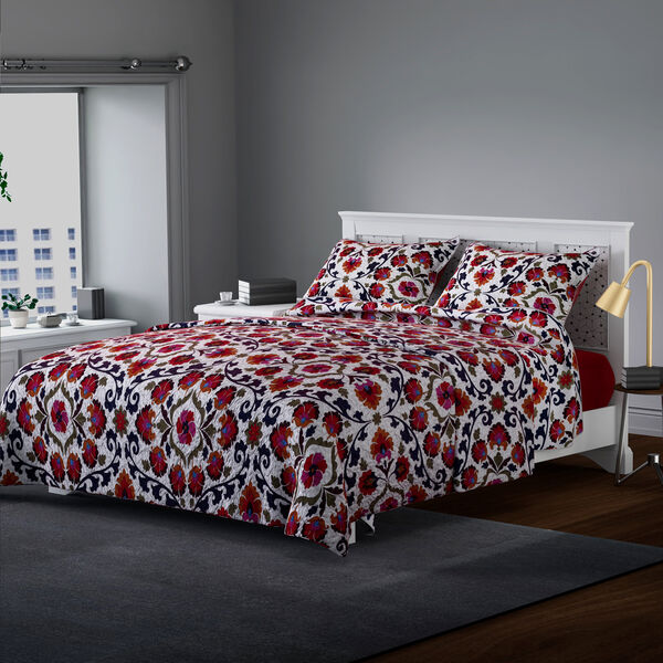 SERENITY NIGHT: 3er-Set, Quilt und 2 Kissenbez&uuml;ge, 240x260 und 2 mal 50x75 cm, Wei&szlig;-Rot