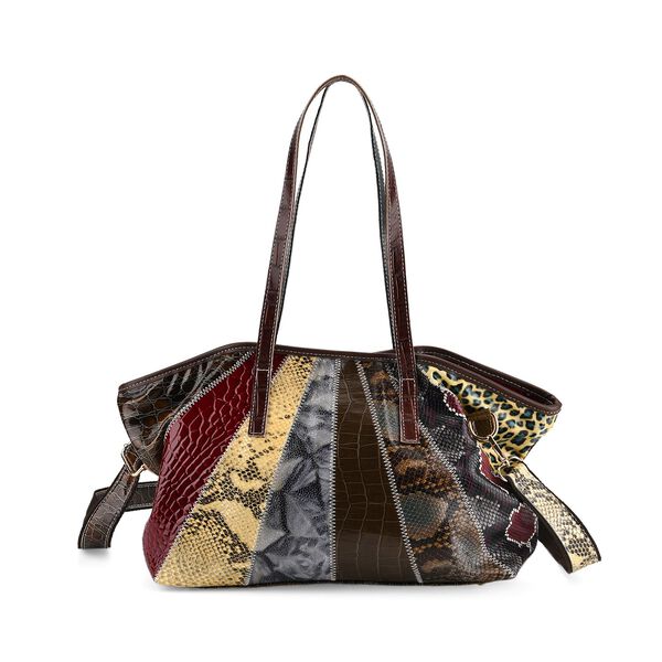 Chaos by Elsie- Echtleder-Shopper, RFID-Schutz, Strahlen Paneel Design, Patchwork aus gepr&auml;gten Ledern Kroko Schlange Leopard Metallic, 33x13x24cm, Mehrfarbig.