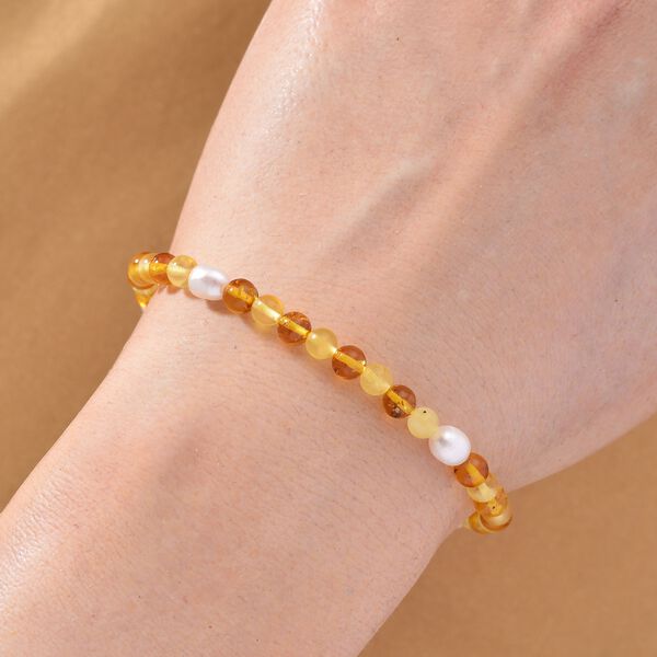 Wei&szlig;es S&uuml;&szlig;wasser Perle und Bernstein Armband, 19+5cm image number 2