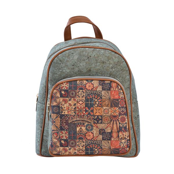Rucksack aus Naturkork mit Kunstleder-Griffen, Boh&egrave;me Muster, Blau