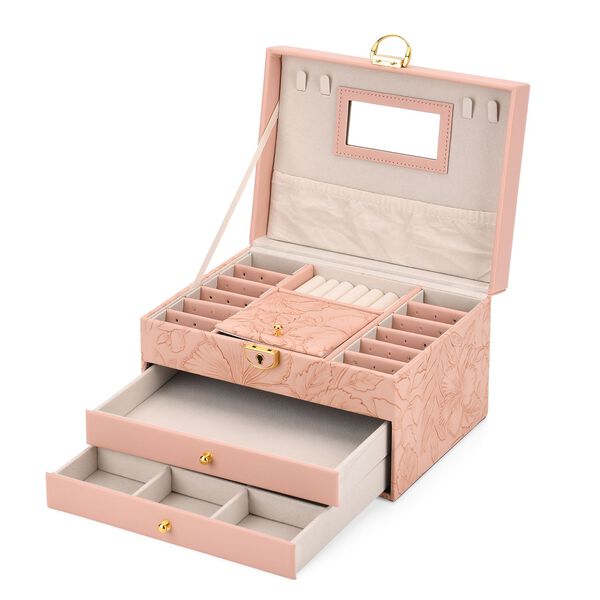 3-lagige PU Schmuckk&auml;stchen mit gepr&auml;gtem Blumenmuster, 22x17x13 cm, Rosa image number 7