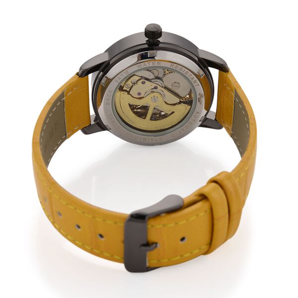 GENOA Automatikuhr mit Automatikwerk, Zifferblatt mit Blumenmuster und Moissaniten, gelbes Lederarmband, 36mm image number 7