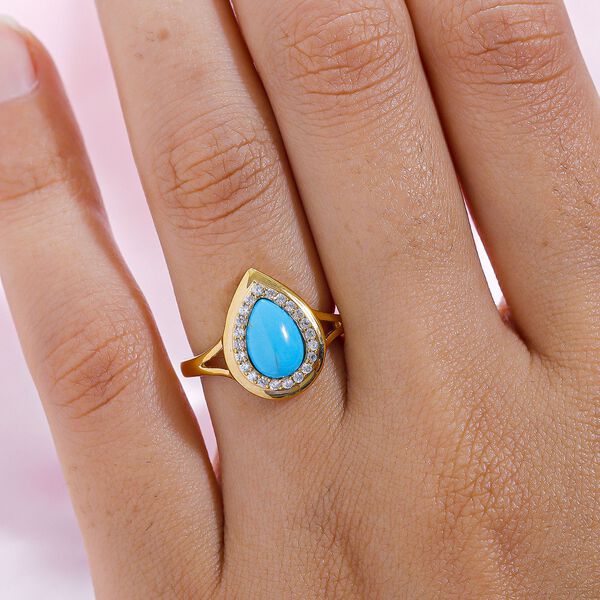 Amerikanischer, natürlicher Sleeping Beauty Türkis und weißer Zirkon-Ring, 925 Silber vergoldet  ca. 1,26 ct image number 3