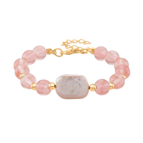 Kirsche Quarz, Weiße Keshi Perle Armband, flexibel, vergoldet 55.00 ct image number 0