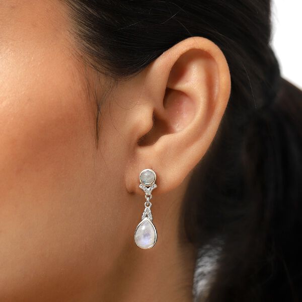 Regenbogen Mondstein Tropfen Ohrhänger 925 Silber Platin-Überzug ca. 5,63 ct  image number 3