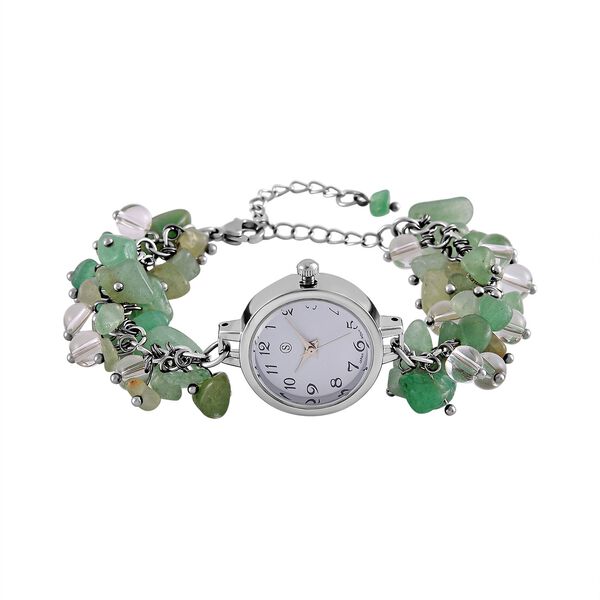 Strada Gr&uuml;ner Aventurin-Perlenuhr, Japanisches Uhrwerk, Legierungsgeh&auml;use, Wei&szlig; mit schwarzen Ziffern image number 3