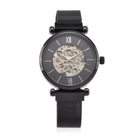 GENOA TIME V2 Automatik-Mechanische Uhr, 37mm, IPG-Beschichtung, Weißes Sonnenschliff-Zifferblatt, Edelstahl-Mesh-Armband mit Magnetverschluss, Edelstahl-Gehäuseboden mit Glas, Wasserdicht, Schwarz