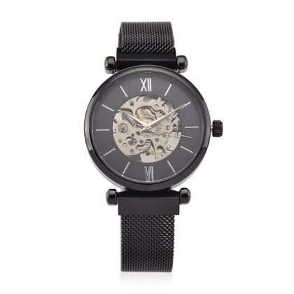 GENOA TIME V2 Automatik-Mechanische Uhr, 37mm, IPG-Beschichtung, Wei&szlig;es Sonnenschliff-Zifferblatt, Edelstahl-Mesh-Armband mit Magnetverschluss, Edelstahl-Geh&auml;useboden mit Glas, Wasserdicht, Schwarz