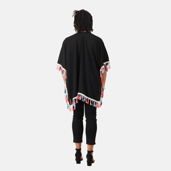 Chiffon Kimono mit mehrfarbigen Quasten, Schwarz image number 2