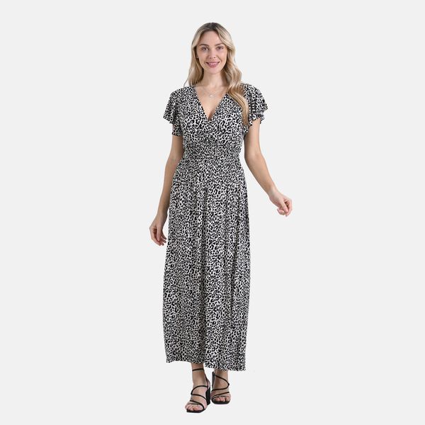 Gesmokter Maxikleid mit Volant&auml;rmeln, Beige mit Leopardenmuster, Einheitsgr&ouml;&szlig;e