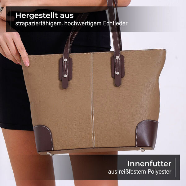 Echtleder Modische, geräumige Kontrastfarbene Tasche, 33x13x29 cm, Khaki image number 3