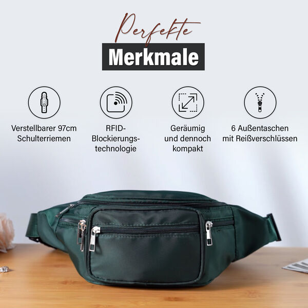 Nylon-Gürteltasche mit RFID-Schutz, 37x10x13,5cm, Dunkelgrün image number 4