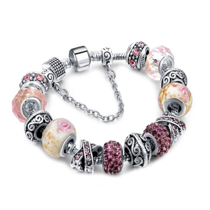 Designer-inspiriertes Charm-Armband - Rosafarbenes Murano-Glas mit Rosa Kristall, Messing rhodiniert, 19 cm, Ros&eacute;-/Silberfarben