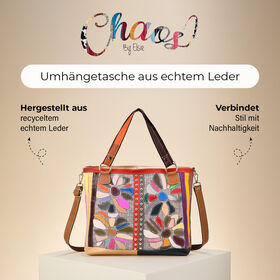Chaos by Elsie Echtleder Crossbody Tasche mit RFID, Beige mit Blumen, 2 Au&szlig;entaschen, 1 Innen-Rei&szlig;verschlusstasche, Mini-Flashlight