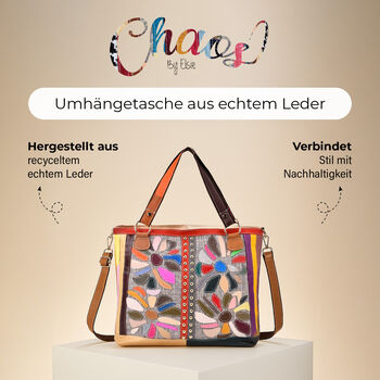 Chaos by Elsie Echtleder Crossbody Tasche mit RFID, Beige mit Blumen, 2 Au&szlig;entaschen, 1 Innen-Rei&szlig;verschlusstasche, Mini-Flashlight